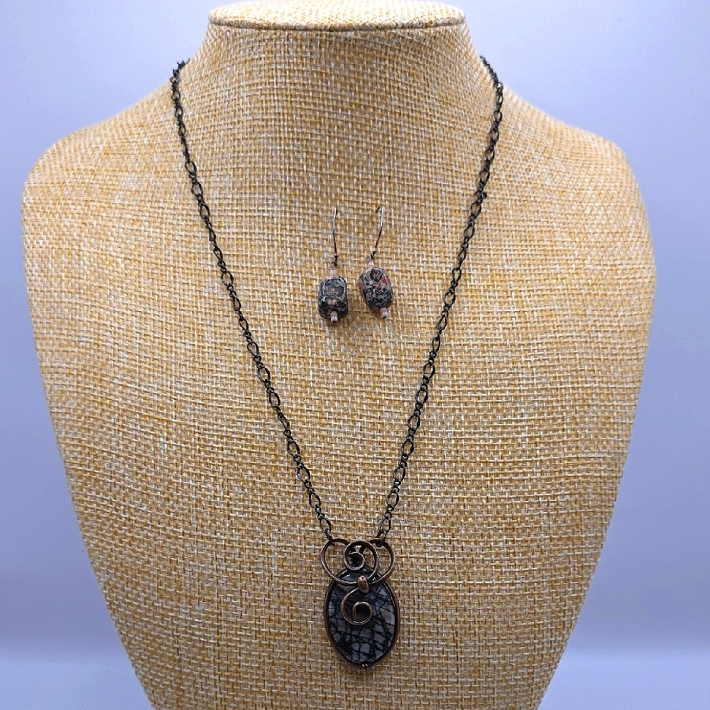 Bronzetone Gemstone Necklace and Earring Set